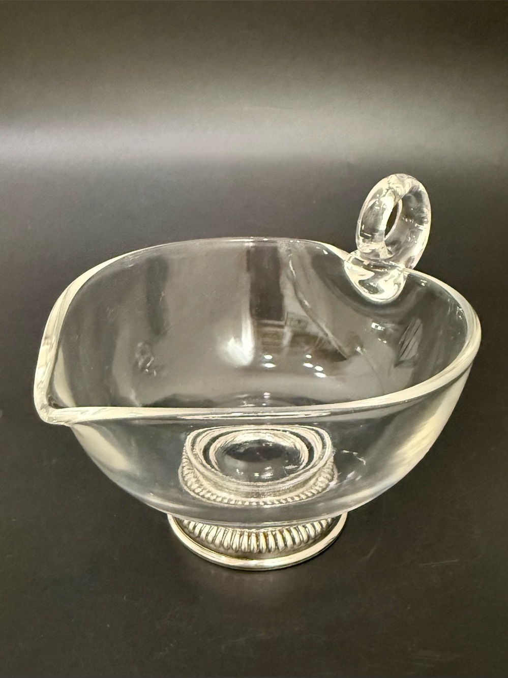 Vintage Ribbed STERLING Silver Base Clear Glass Gravy Boat Sauce Dish